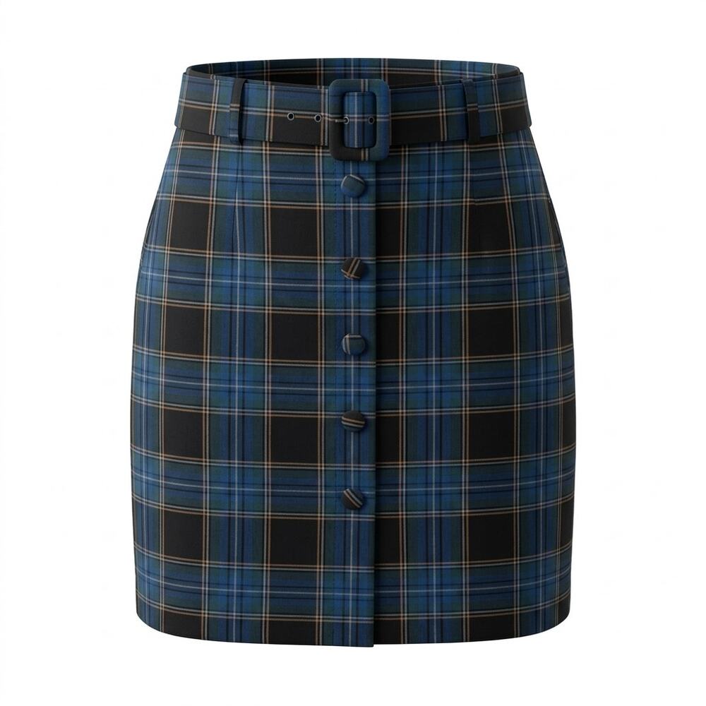 Maeve by Anthropologie Blue Plaid Belted Button Detail Skirt Women Size 6